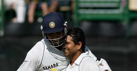 Tendulkar celebrates his century with VVS Laxman