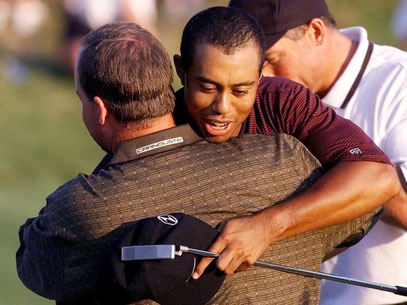 Woods won his second straight PGA Championship and fifth major in a three-hole play-off against Bob May in 2000.