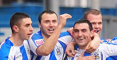 Roberts (front right): Netted a stunning volley