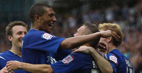 Bellamy: Congratulated by team-mates after scoring on his dream debut