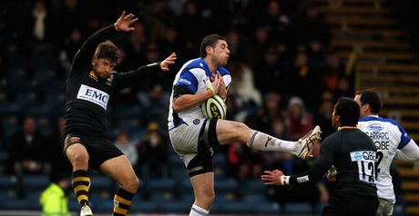 Aerial bombardment: Cuthbert struggles to hold a high ball