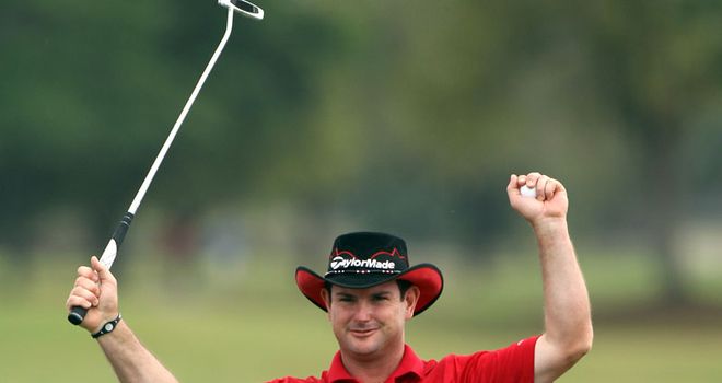 Arms aloft: Sabbatini celebrates his first win for almost two years