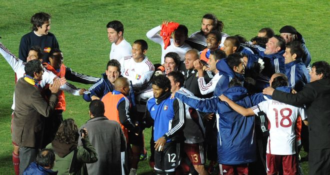 Venezuela's squad celebrate their progress to the semi-finals of the Copa America