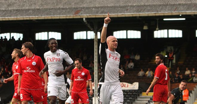 Johnson: Striker celebrates after giving Fulham the lead en route to victory over RNK Split