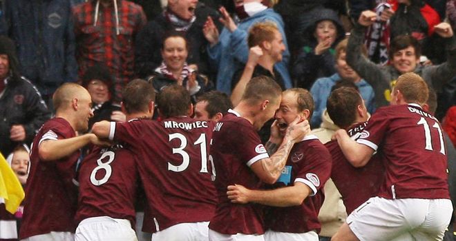 Hearts: Celebrate their 2-0 victory on Sunday
