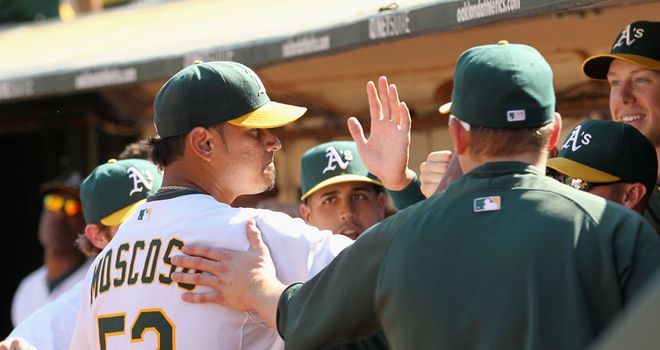 Moscoso: Takes the plaudits from his Oakland team-mates.