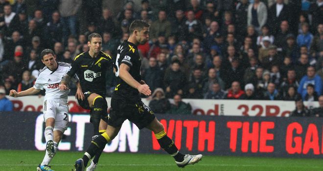 Joe Allen fires home the opener for Swansea in their 3-1 win over Bolton