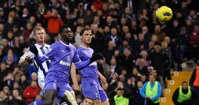 Emmanuel Adebayor: The Togo striker follows up his spot-kick after a good Ben Foster save to equalise for Spurs