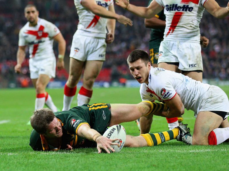 Chris Lawrence scores one of the Kangaroos' six tries
