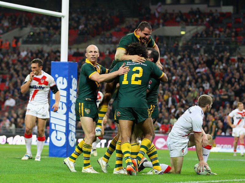 Australia's Paul Gallen celebrates his score