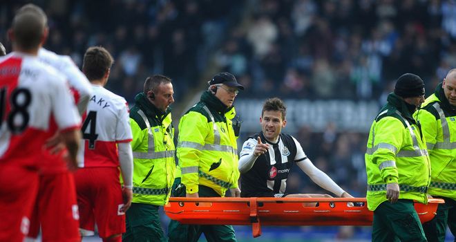 Yohan Cabaye: Had to be stretchered from the field after Shaun Derry's 20th minute challenge