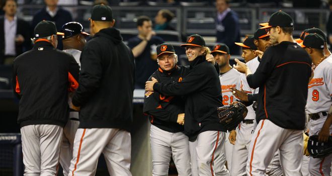 Buck Showalter: Is congratulated after recording his 1,000th win