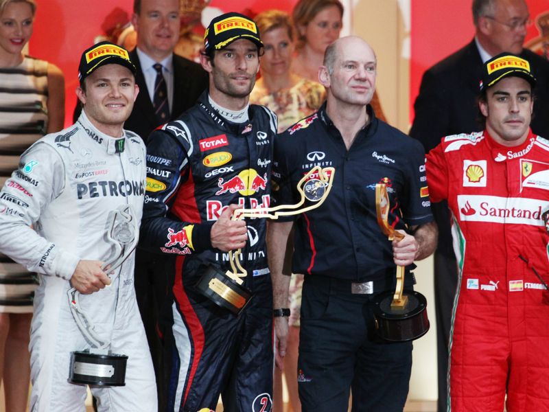 Nico Rosberg, Mark Webber, Adrian Newey and Fernando Alonso on the podium