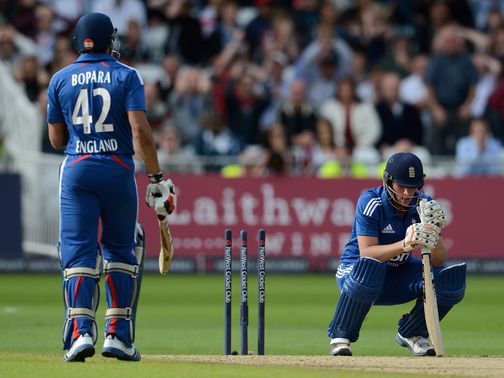 Alex Hales reacts after being dismissed for 99.