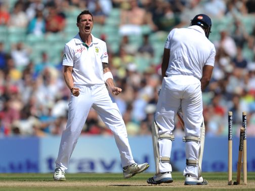 Dale Steyn celebrates cleaning up Ravi Bopara
