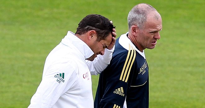 Treatment: Mark Boucher was hit in the face on day one at Taunton