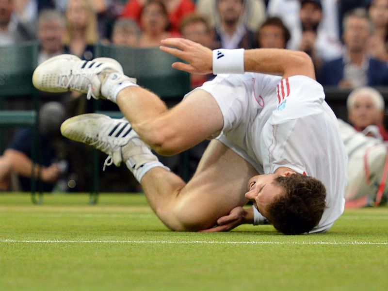 Murray takes a nasty tumble soon after play resumes, but is back to his feet soon enough.