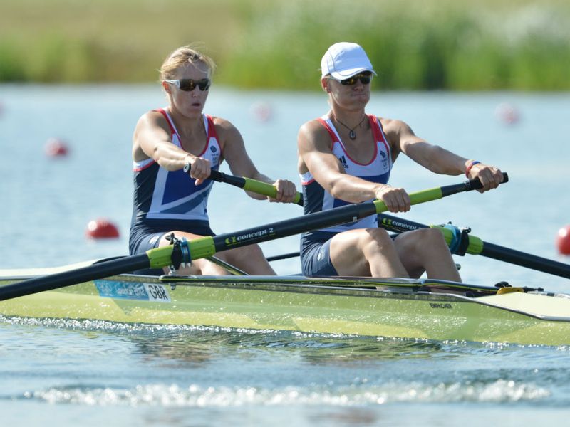 Brits Helen Glover (R) and Heather Stanning had to settle fo an Olympic record