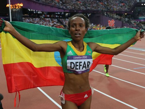 Meseret Defar celebrates her triumph in the 5000m&nbsp;
