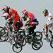 The field clear a jump in the men's BMX cycling semi-finals.