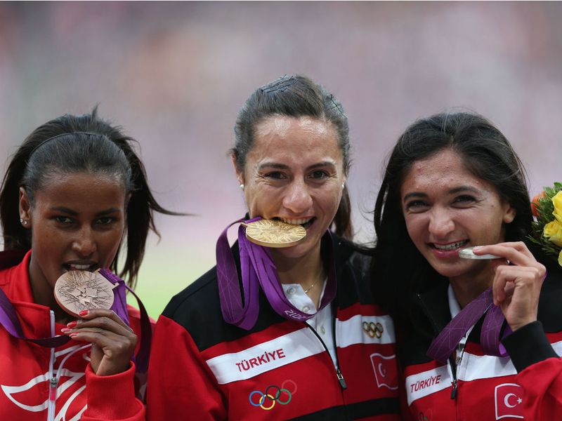 Winner of Yesterday's Women's 1500m Final Asli Cakir Alptekin of Turkey receives her Gold Medal