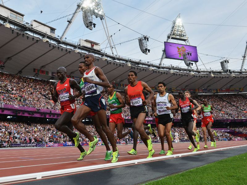 This evenings track events gets under way with the crowd going wild for local boy Mo Farah in the Men's 5000m Final