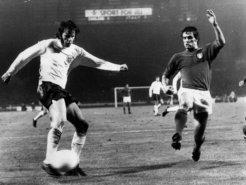 Mick Channon gets a shot off against Italy at Wembley in 1973