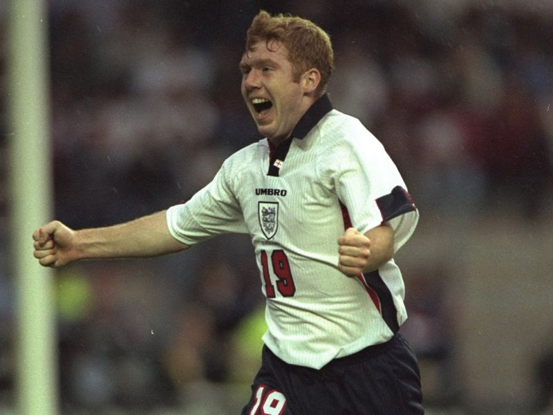 Paul Scholes celebrates his first England goal in a 2-0 win in the Tournoi competition in 1997
