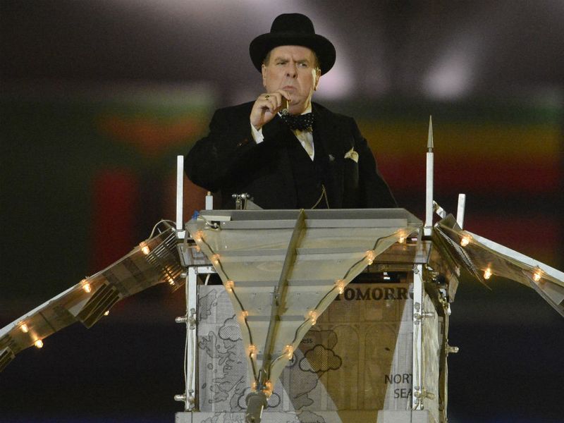 British Actor Timothy Spall appears from the top of Big Ben dressed as Winston Churchill and delivers Caliban's speech from Shakespeare's 'The Tempest'