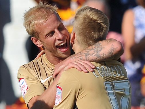 Bradford celebrate Alan Connell's equaliser at Accrington.