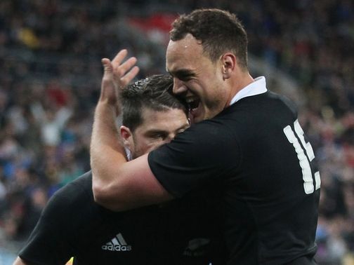 Cory Jane is congratulated by Israel Dagg as New Zealand score&nbsp;