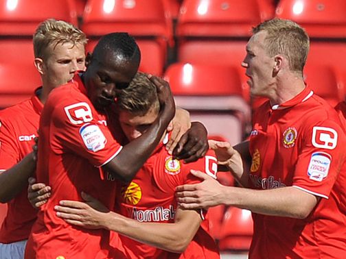 Crewe celebrate Max Clayton's goal
