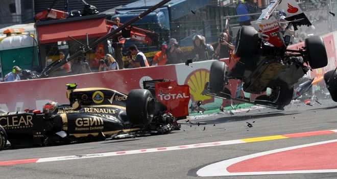 Romain Grosjean received a one-race ban for causing this pile-up