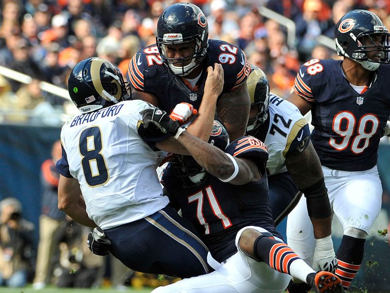 Rams quarterback Sam Bradford was swamped by the Bears defence in a 24-6 defeat
