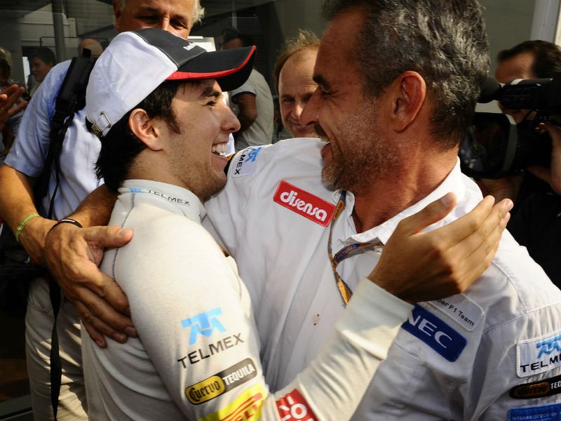 Sergio Perez is congratulated