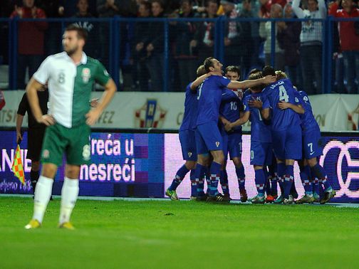 Croatia celebrate their opening goal against Wales