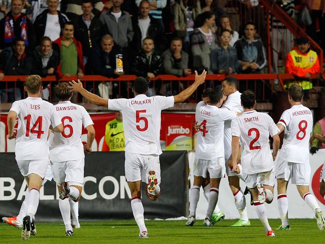 England Under-21s celebrate in Serbia