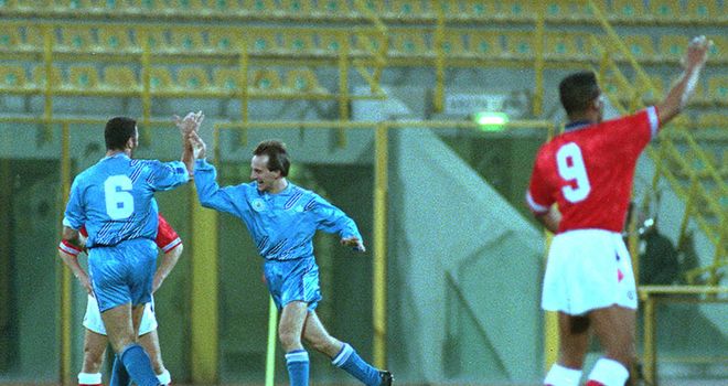 Davide Gualtieri celebrates after giving San Marino a shock lead against England in 1993