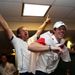 Inside the European locker room Graeme McDowell and Rory McIlroy continue the party.