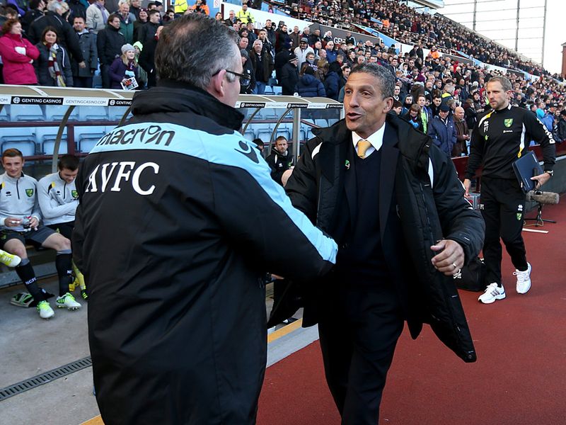 Paul Lambert said hello to Chris Hughton before the clash between Aston Villa and his former club Norwich.