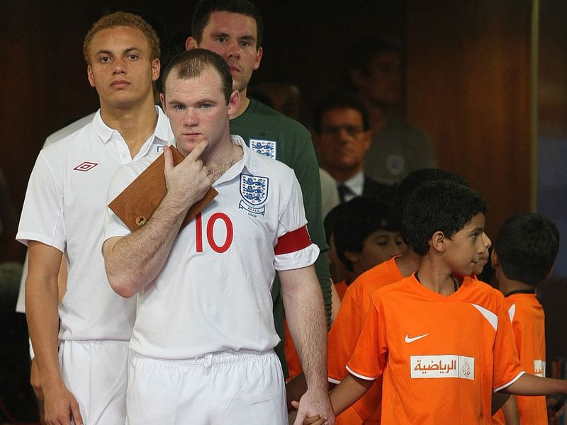 In 2009, Rooney captains England for the first time in an International Friendly against Brazil in Doha.