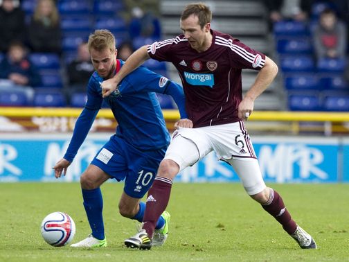 Andrew Shinnie and Andy Webster battle for the ball