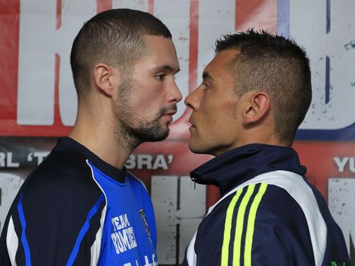 Tony Bellew (L) comes face-to-face with Saturday's opponent (pic Lawrence Lustig)