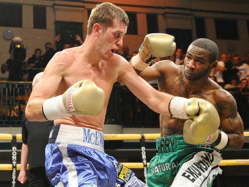 Larry Ekundayo (R) knocked out pre-tournament favourite Craig McEwan (pic leighdawneyphotography.com)