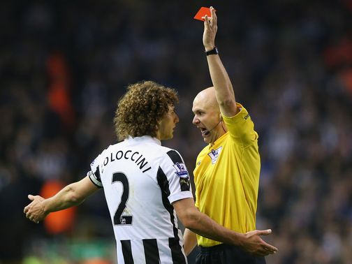 Fabricio Coloccini saw red late on for a high, studs-up challenge on Suarez&nbsp;