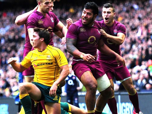 Manu Tuilagi celebrates his England try