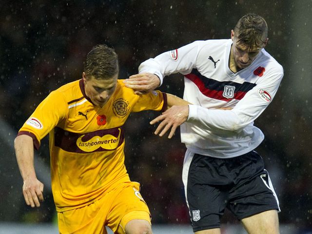 Henrik Ojamaa holds off Dundee's Iain Davidson
