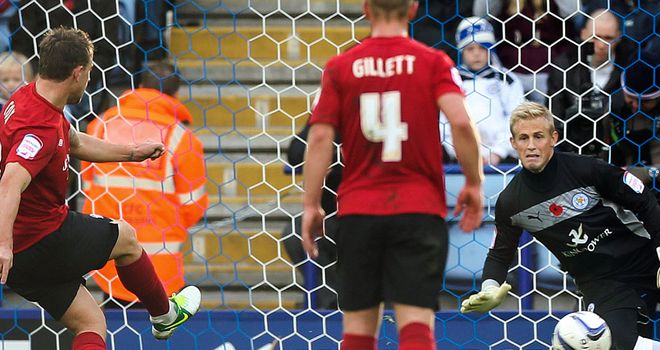 Simon Cox: Sends Kasper Schmeichel the wrong way for equaliser