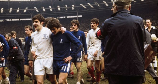 Leeds v Chelsea: The teams trudge off after battling out a 2-2 draw at Wembley in the 1970 FA Cup final