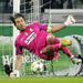 Juve goalkeeper Gianluigi Buffon is relieved when a shot hits the side netting